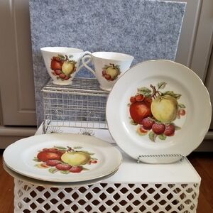 LM Royal Halsey China Dessert Plate & Footed Cup Apple Strawberry Gold Trim Set